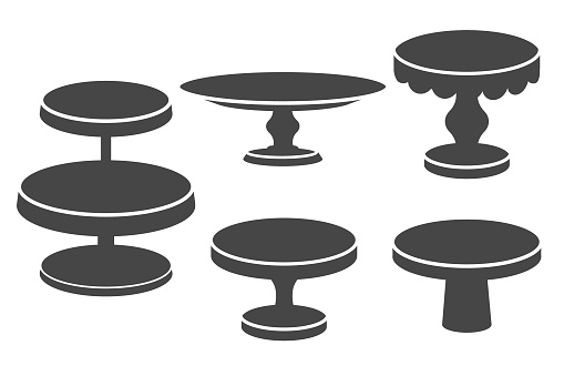 Set of cake stands in flat icon style. Empty trays for fruit and desserts. Vector silhouette illustration