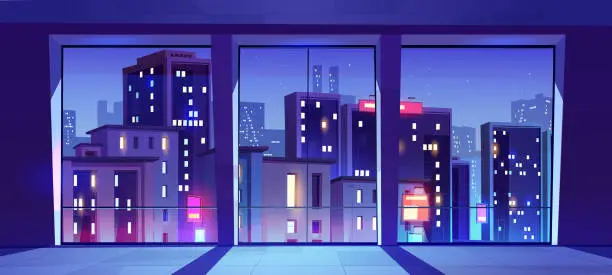 Vector illustration of Empty room, night office interior with city view