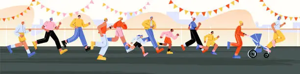 Vector illustration of Marathon with running people, families with kids