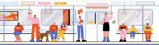 Vector illustration of People inside of train or subway, underground