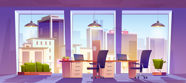 Open space office workplace interior with tables, laptops, chairs, task board, plants front of wide floor-to-ceiling window with city view. Coworking for business people Cartoon vector illustration