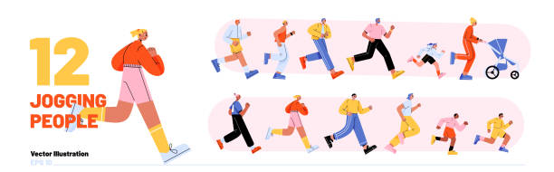 illustrations, cliparts, dessins animés et icônes de ensemble de personnes faisant du jogging, des adultes et des enfants courent - marathon running jogging competition