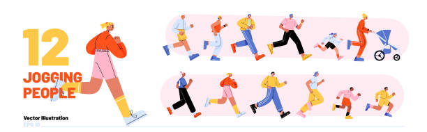Set of people jogging, adults and children run Set of people jogging, adults and children run marathon, sports exercising or competition Male and female characters, mother with baby in stroller healthy lifestyle, Line art flat vector Illustration jogging stock illustrations
