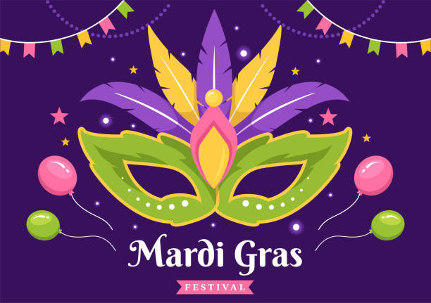 ilustraciones, imágenes clip art, dibujos animados e iconos de stock de ilustración de la fiesta de carnaval de mardi gras con máscara, plumas y festival de artículos para banner web o página de destino en plantillas planas dibujadas a mano de dibujos animados - vector costume party feather