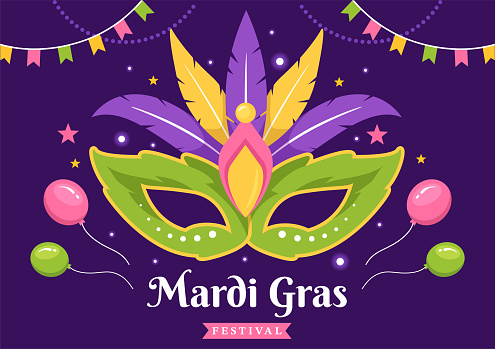 Mardi Gras Carnival Party Illustration with Mask, Feathers and Item Festival for Web Banner or Landing Page in Flat Cartoon Hand Drawn Templates