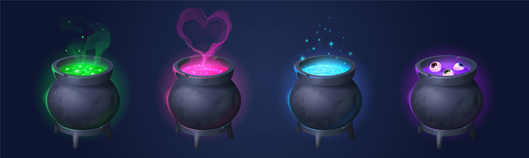 Cauldrons with witch magic potions. Green poison, love potion, soup with eyeballs in old cooking boilers. Black witchcraft cauldrons, vector cartoon set isolated on background