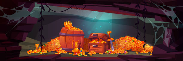 istock Treasure cave with pirate chest, golden coins 1459880273