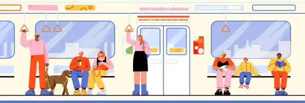 Vector illustration of Subway train car with people inside