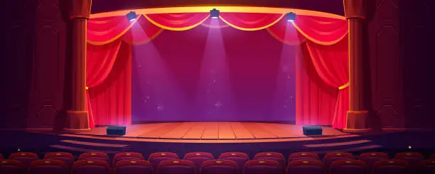 Vector illustration of Empty theater stage with red curtains, spotlights