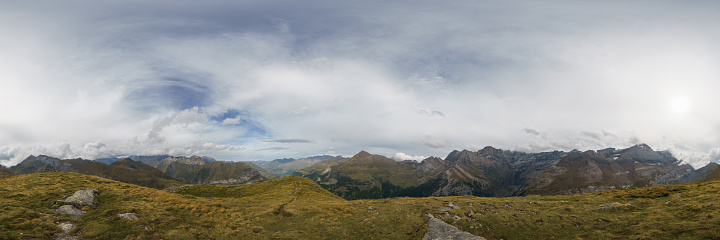 Panorama of beautiful high mountain landscape with Cirque de Gavarnie near the spanish border with taillon peak, Pyrenees, Nouvelle-Aquitaine, France