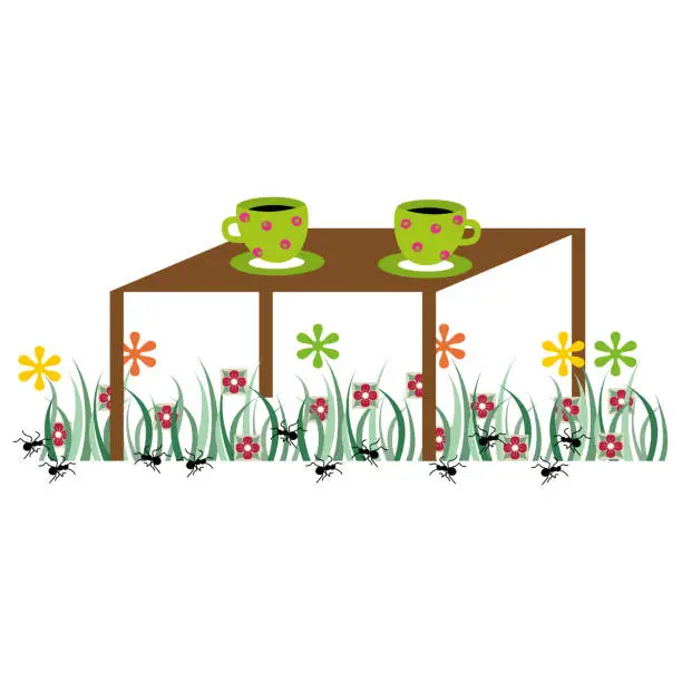 Vector illustration of Cartoon grass table cups. Garden furniture. Summer vacation. Vector illustration.