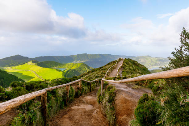 Scenic view from Miradouro da Boca do Inferno to crater lakes of Sete Cidades, Azores, Sao Miguel Island, Portugal. stock photo