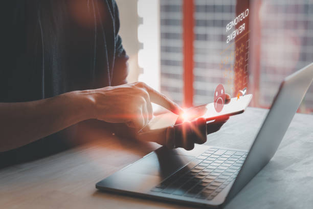 istock Customer Experience dissatisfied Concept, Unhappy Businessman Client with Sadness Emotion Face on screen, Bad review, bad service dislike bad quality, low rating, social media not good. 1459888617