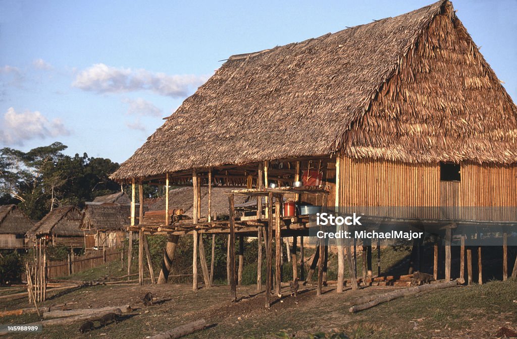 Kryte strzechą na plaży na Peruwiańska Amazonia - Zbiór zdjęć royalty-free (Dom - Budowla mieszkaniowa)