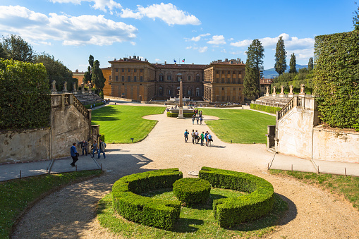 Florence, Italy - April, 2017: View of Boboli Gardens with the Palazzo Pitti in Florence