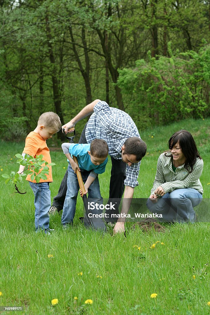 planting a tree father mother and sons planting a tree - working together Tree Stock Photo