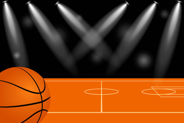 ilustrações, clipart, desenhos animados e ícones de quadra de basquete com luzes brilhantes no fundo preto sem pessoas - black background studio shot horizontal close up