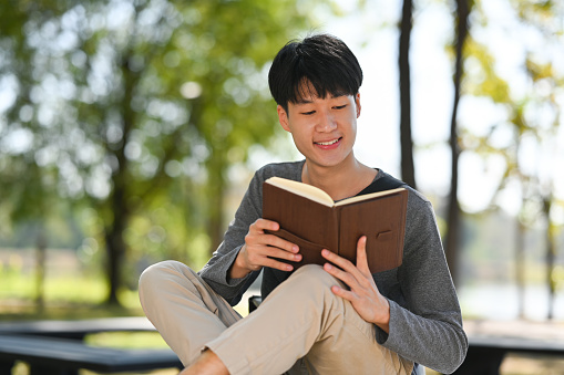 Happy young asian man reading interesting book while sitting bench in sunny summer park.