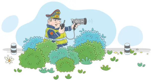 Vector illustration of Traffic cop with a speed trap hiding in roadside bushes