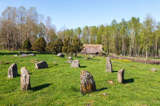 Stone circle on a meadow with a longhouse at spring