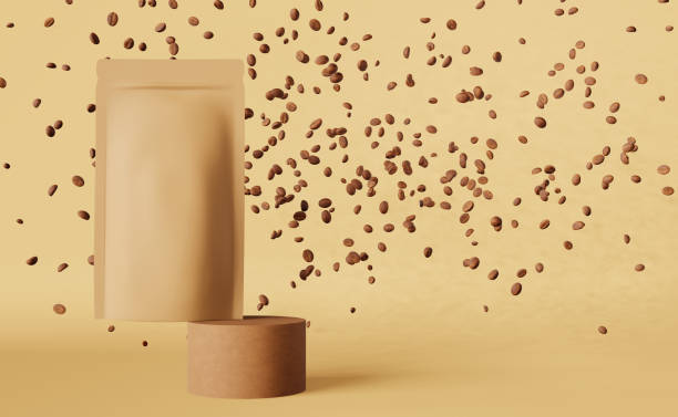 istock Brown paper pouch bags falling coffee bean podium 3D rendering Merchandise discount doy packaging shop design promo sale 1459896756