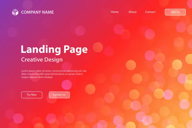 Vector illustration of Landing page Template - Defocused lights on Red background - Trendy bokeh background