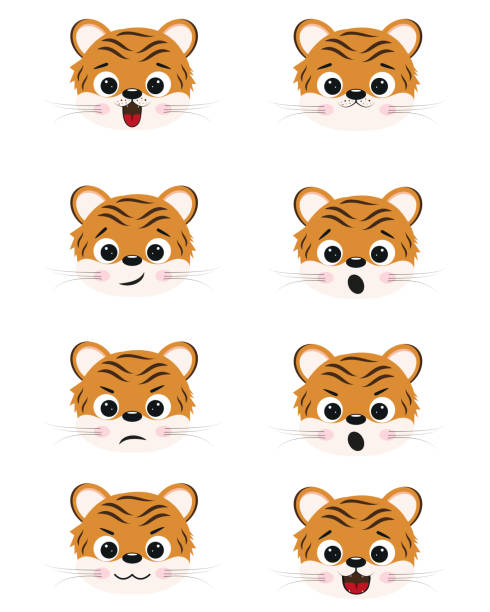 süßer lustiger emotionaler tiger. der tiger lächelt, weint, wird wütend, überrascht, verärgert, ängstlich. vektorillustration für zeichentricktier, konzept verschiedener emotionen. - babytiger stock-grafiken, -clipart, -cartoons und -symbole