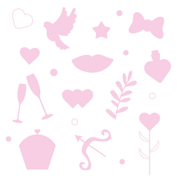 ilustraciones, imágenes clip art, dibujos animados e iconos de stock de conjunto de iconos en color rosa para el diseño de postales. día de san valentín. - valentines day silhouette white background bow