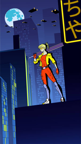 istock Vector Anime Style Female Assassin in a Cyberpunk City Vertical Stock Illustration 1459898727