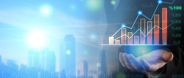 istock Businessman showing financial and analyzing sales data on ecenomic growth graph chart, digital marketing business strategy, banking, finance and economy growth chart 1459900076
