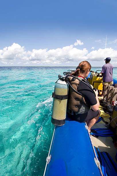 Divers preparing to dive in Zanzibar stock photo