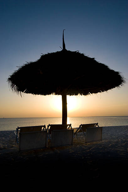 resort shade unbrella at sunset in zanzibar africa 1 stock photo