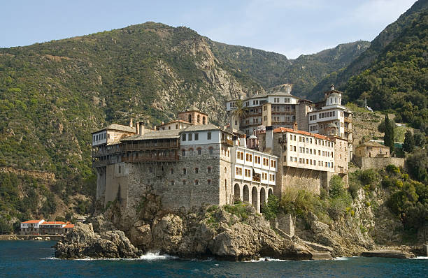 Gregoriou monastery, Mount Athos, Halkidiki, Greece on ocean