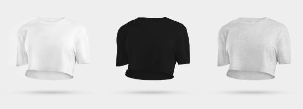 istock White, black, heather t-shirt template 3D rendering, female crop top, front view, isolated on background. 1459908867