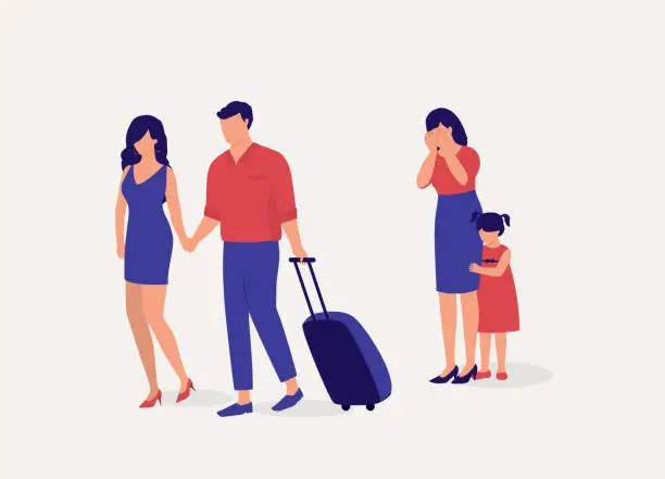 Vector illustration of Disloyal Husband Leaving His Wife And Daughter For Another Woman.