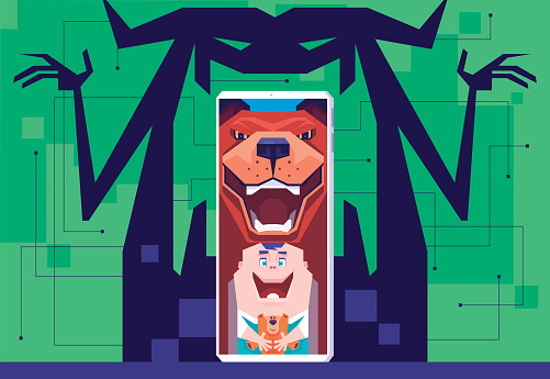 vector illustration of toddler crying on smartphone with monster shadow behind