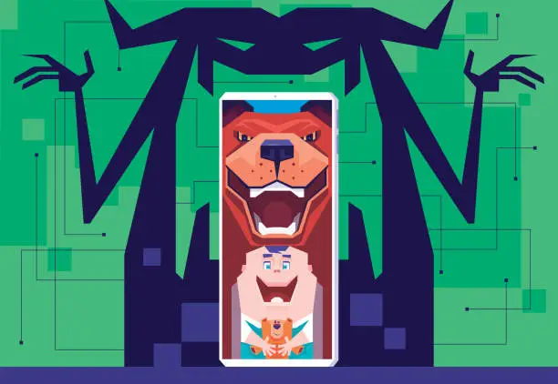 Vector illustration of happy baby with dog on smartphone with monster shadow behind