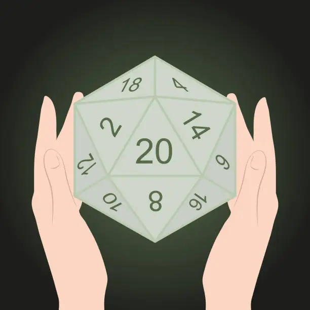 Vector illustration of D20 Dice icosahedron. 20 sided die number role playing game. RPG