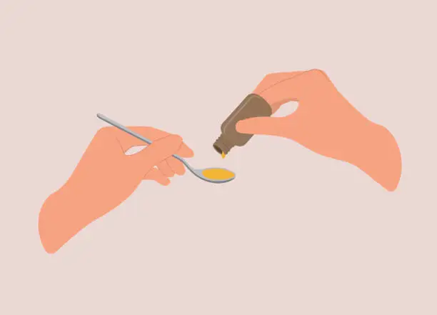 Vector illustration of A Person’s Hand Pouring Medicine Syrup Into A Spoon.