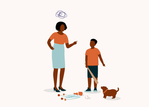 Dishonest Black Son With Baseball Bat Trying To Put The Blame On The Dog For Breaking Her Mother’s Flower Vase. Dishonest Black Son With Baseball Bat Trying To Put The Blame On The Dog For Breaking Her Mother’s Flower Vase. Isolated On Color Background. dog pointing stock illustrations