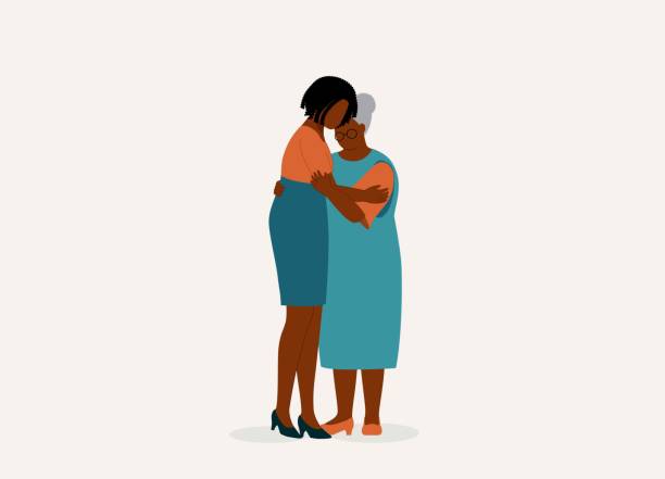 bildbanksillustrationer, clip art samt tecknat material och ikoner med black mother and daughter hugging each other lovingly. - hålla armen om