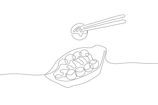 ilustraciones, imágenes clip art, dibujos animados e iconos de stock de takoyaki con salsa, mayonesa, copos de bonito y arte de línea de algas azules - japanese cuisine soy sauce food bonito