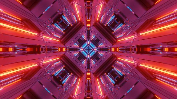 istock Illustration of several red, yellow and blue lights in motion flowing into one direction 1459914322