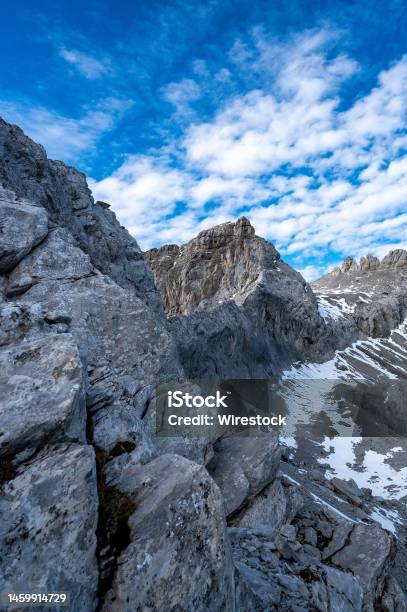 Vertical Shot Of The Scenic Rocky Snowy Breithorn Mountains Between Switzerland And Italy Stock Photo - Download Image Now