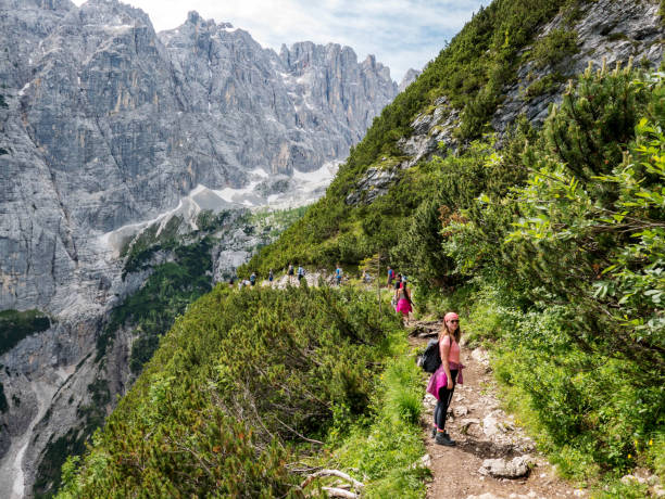 istock Female hiker with a backpack standing on a pathway on rocky hills covered in greenery 1459915264