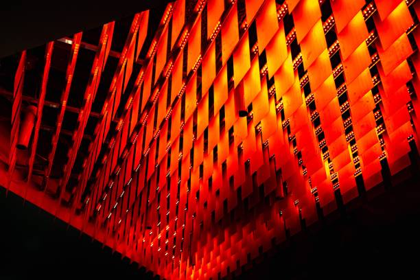 istock Scenic shot of Abstract red light geometric lit tiles 1459915357