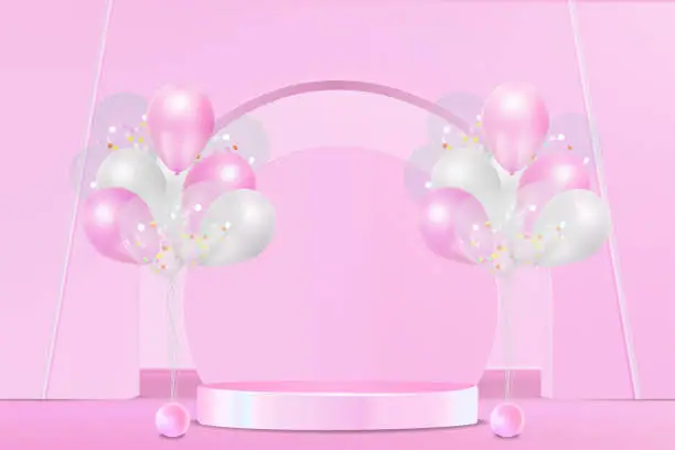 Vector illustration of Colorful balloons with a podium stand scene