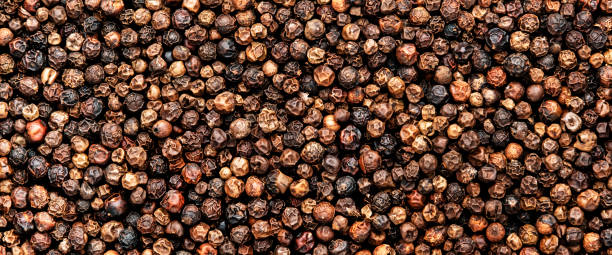 istock Black pepper, peppercorns, dry spice, food background texture, top view horizontal banner 1459916297