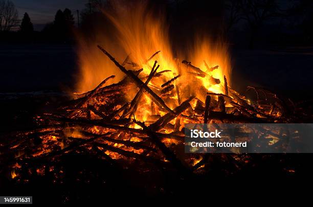 Falò Con Fiamme I Salti Su Una Pila Di Alberi - Fotografie stock e altre immagini di Accendere (col fuoco) - Accendere (col fuoco), Ago - Parte della pianta, Albero