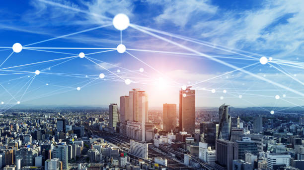 istock Modern cityscape and communication network concept. Smart city. 1459917424